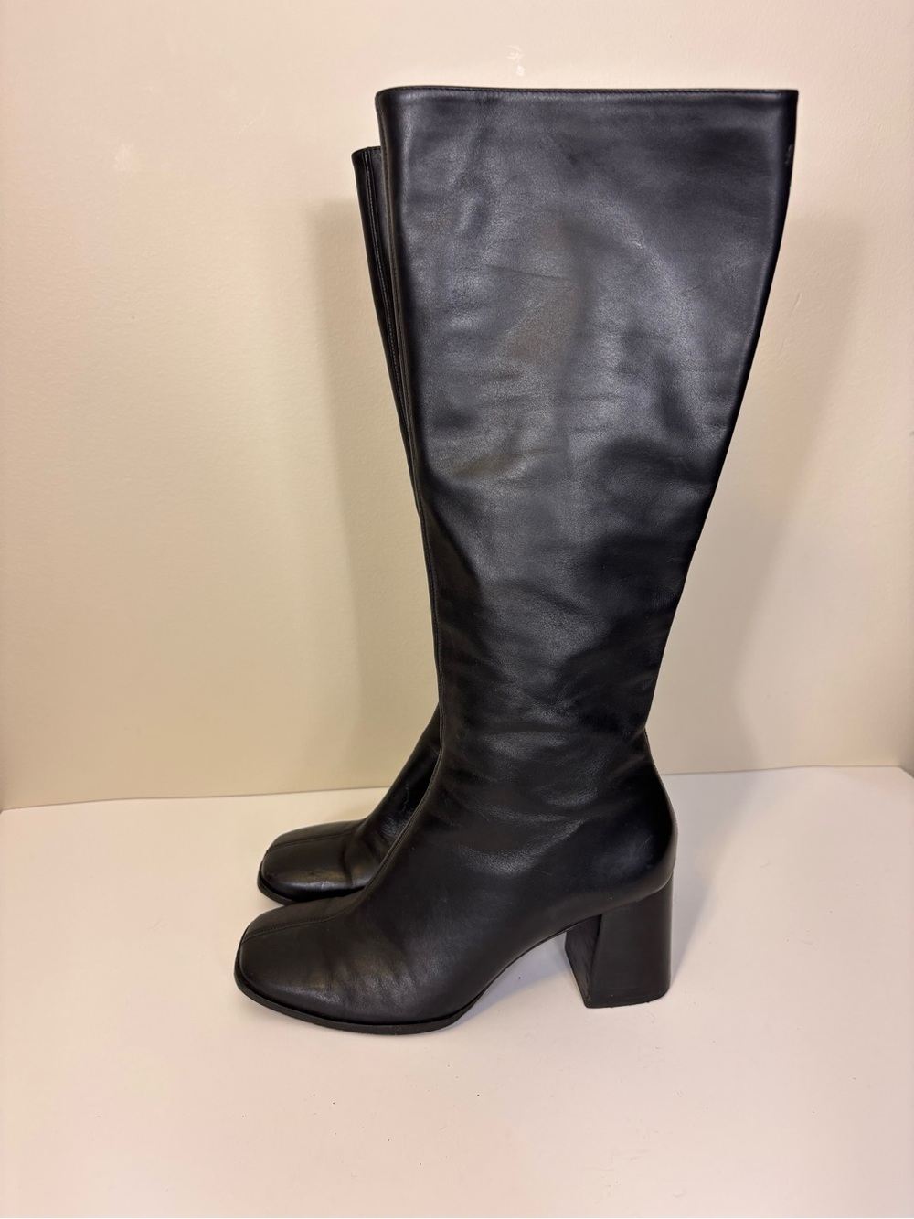 Reformation Black Leather Square Toe Tall Block Heel Boots 7.5